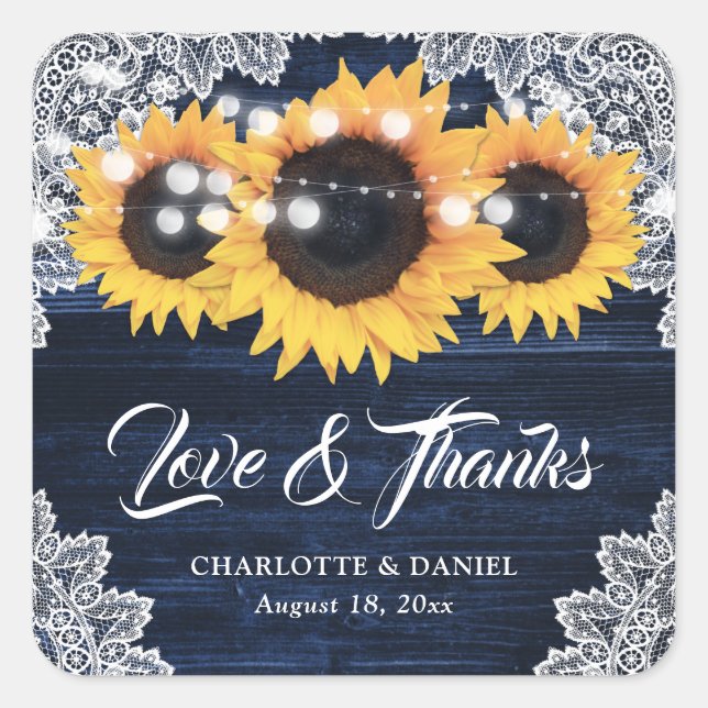Navy Blue Wood Lace Sunflower Wedding Thank You Quadratischer Aufkleber (Vorderseite)