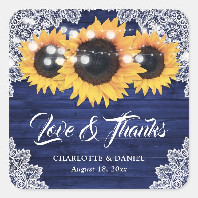 Navy Blue Wood Lace Sunflower Wedding Thank You Quadratischer Aufkleber (Vorderseite)