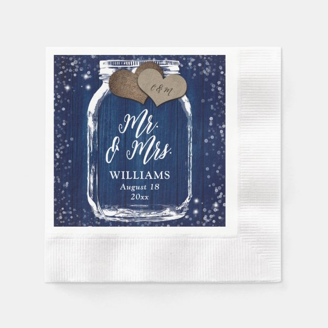Navy Blue Wood Mason Jar Mr & Mrs. Wedding Serviette (Vorderseite)