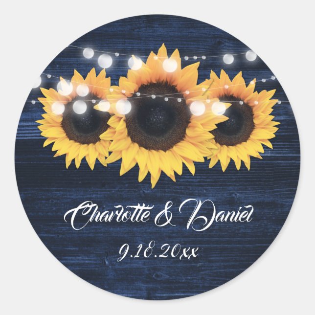Navy Blue Wood String Lights Sunflower Wedding Runder Aufkleber (Vorderseite)
