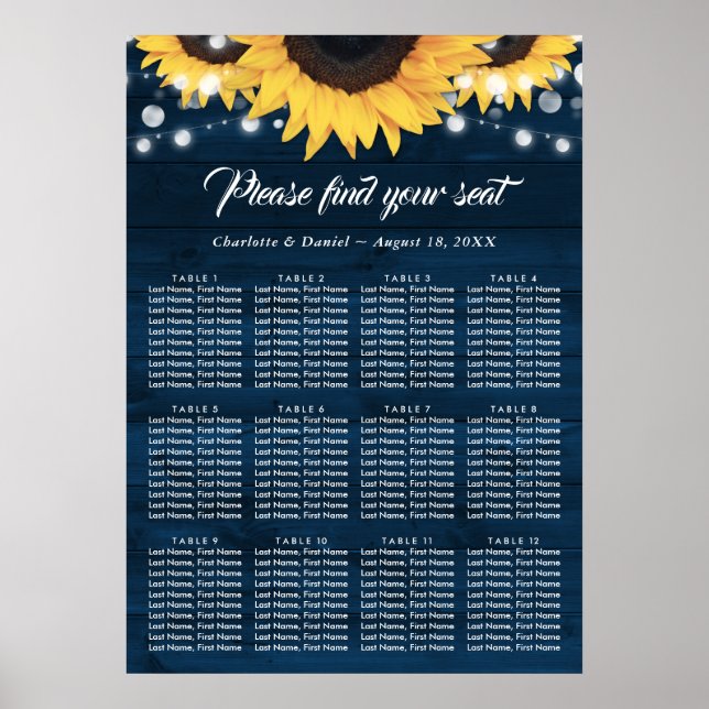 Navy Blue Wood Sunflower Wedding Seating Chart 12 Poster (Vorne)