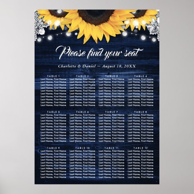 Navy Blue Wood Sunflower Wedding Seating Chart 12 Poster (Vorne)