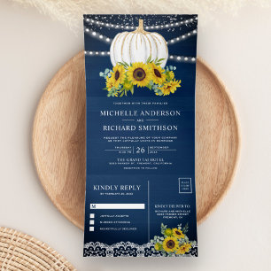 Navy Blue Wood Sunflowers White Pumpkin Wedding Dreifach Gefaltete Einladung