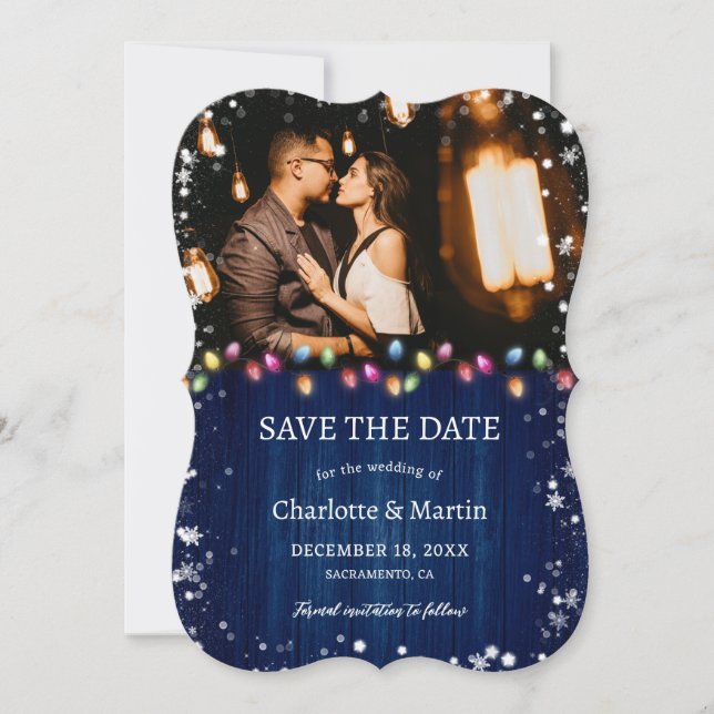 Navy Blue Wood Weihnachtslicht Weihnachten Weihnac Save The Date (Vorderseite)