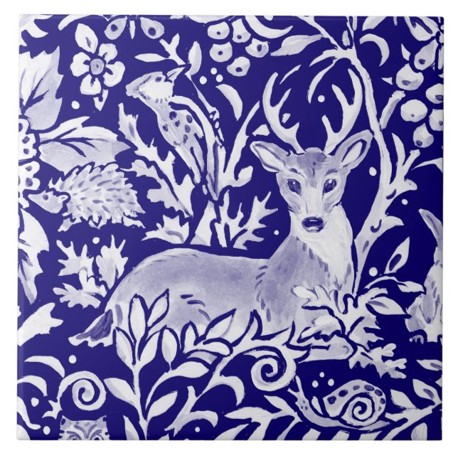 Navy Blue Woodland MURAL Animal Deh Top Links Fliese (Vorderseite)
