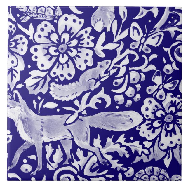 Navy Blue Woodland MURAL Animal Fox unten rechts Fliese (Vorderseite)