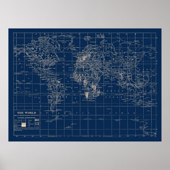 Navy Blue World Map Poster (Vorne)