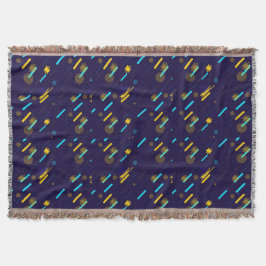 Navy blue woven blanket with a colorful pattern decke