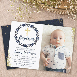 Navy Blue Wreath Gold Glitzer Boy Taufe Foto Einladung