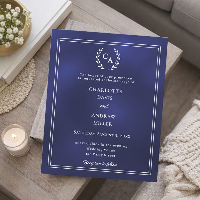 Navy blue wreath monogram wedding invitation (Von Creator hochgeladen)
