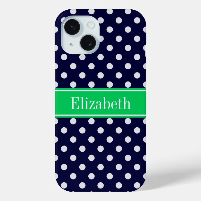 Navy Blue Wt Polka Dot Emerald Green Name Monogram Case-Mate iPhone Hülle (Rückseite)