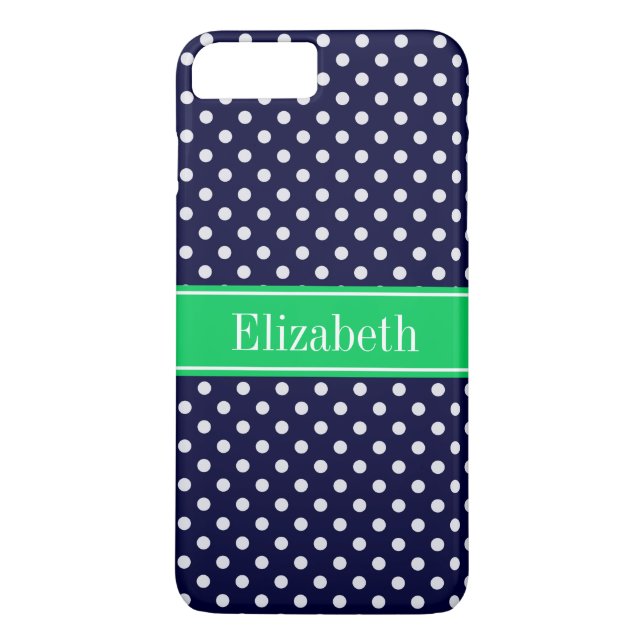 Navy Blue Wt Polka Dot Emerald Green Name Monogram Case-Mate iPhone Hülle (Rückseite)