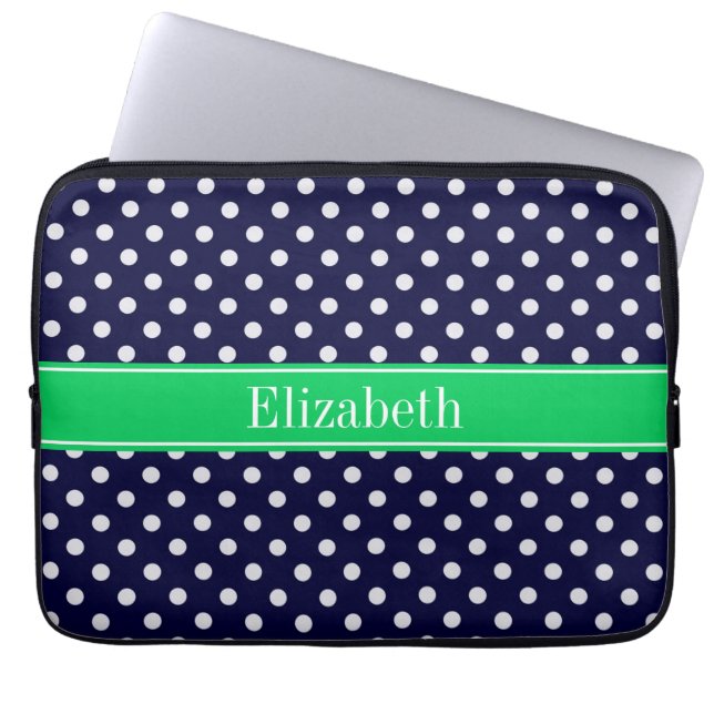 Navy Blue Wt Polka Dot Emerald Green Name Monogram Laptopschutzhülle (Vorderseite)