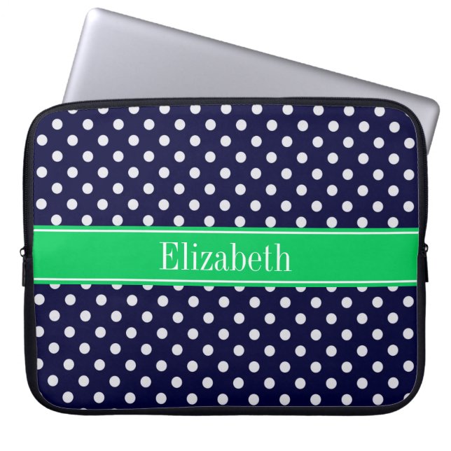 Navy Blue Wt Polka Dot Emerald Green Name Monogram Laptopschutzhülle (Vorderseite)