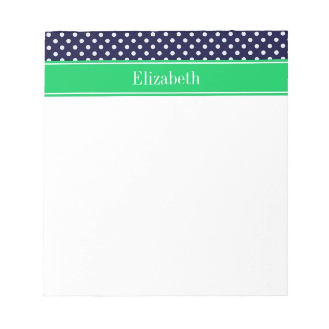 Navy Blue Wt Polka Dot Emerald Green Name Monogram Notizblock (Vorderseite)
