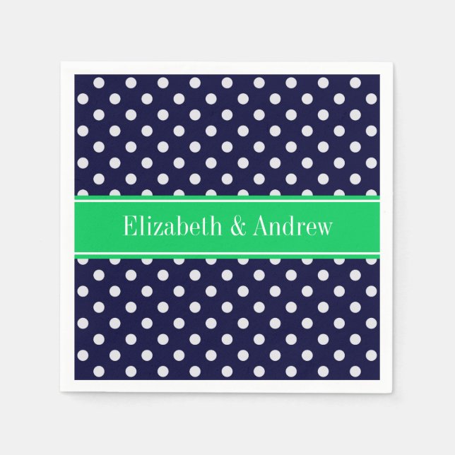 Navy Blue Wt Polka Dot Emerald Green Name Monogram Serviette (Vorderseite)