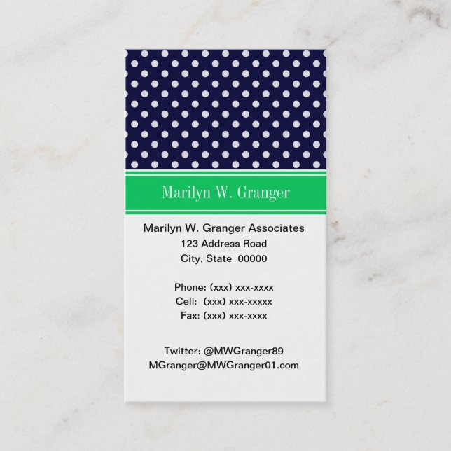 Navy Blue Wt Polka Dot Emerald Green Name Monogram Visitenkarte (Vorderseite)