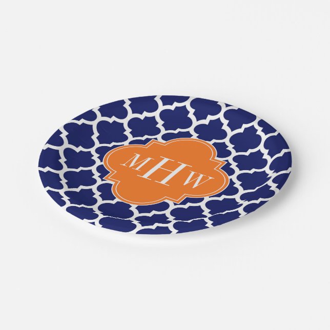 Navy Blue WT Zickzack Pumpkin Quatrefoil 3 Monogra Pappteller (Schrägansicht)