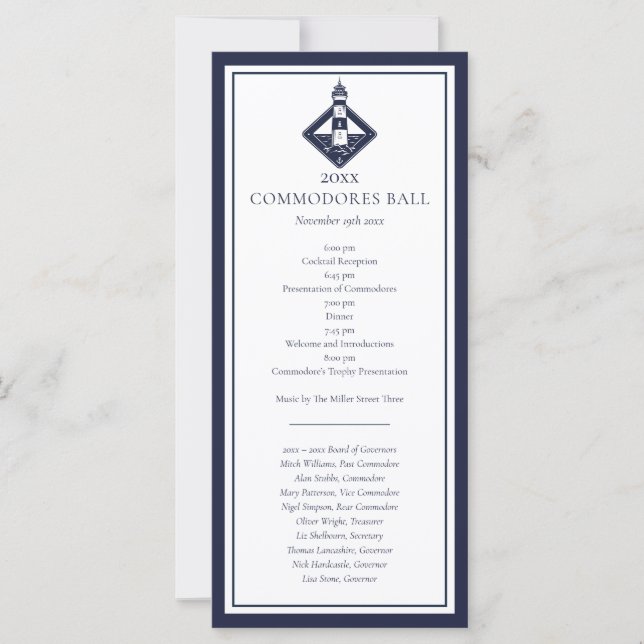 Navy Blue Yacht Club Nautic Menu Programm (Vorderseite)