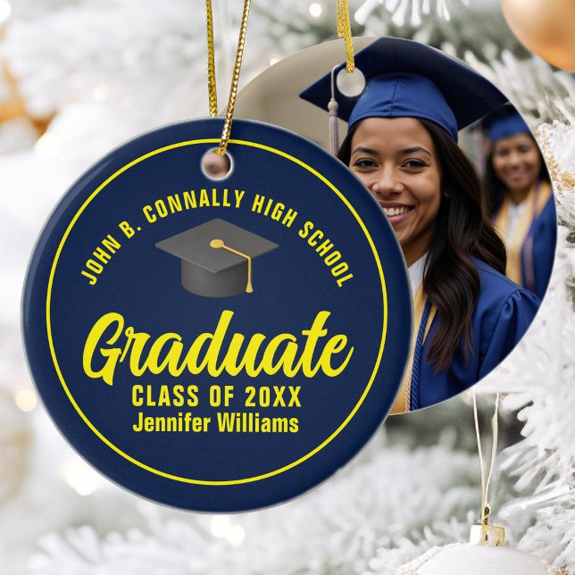 Navy Blue Yellow Abschluss Custom Graduate Foto Keramik Ornament (Von Creator hochgeladen)