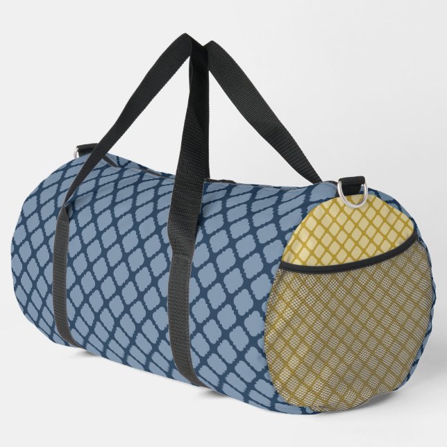 NAVY BLUE & YELLOW DIAMOND PATTERN DUFFLE BAG (Rechte Ecke)
