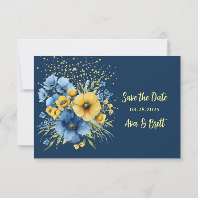 Navy Blue & Yellow Floral Gold retten die Datumska Save The Date (Vorderseite)