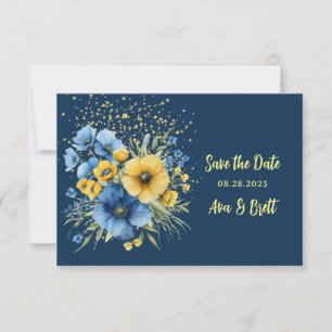 Navy Blue & Yellow Floral Gold retten die Datumska Save The Date