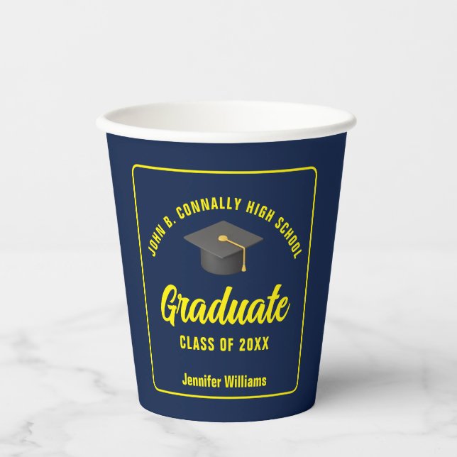 Navy Blue Yellow Graduate Custom Graduate Party Pappbecher (Vorderseite)