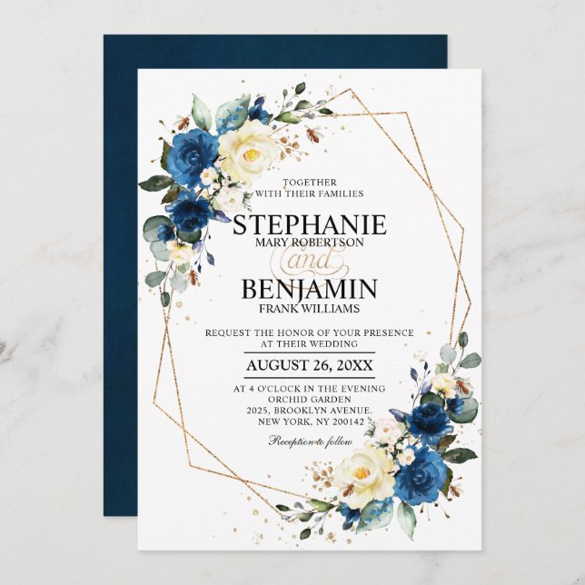 Navy Blue Yellow Rose Boho Geometric Wedding Invit Einladung (Vorne/Hinten)