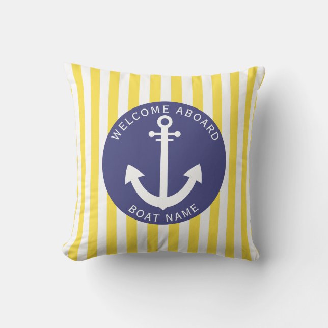 Navy Blue Yellow Stripe Boat Name Anchor Nautic Kissen (Vorderseite)
