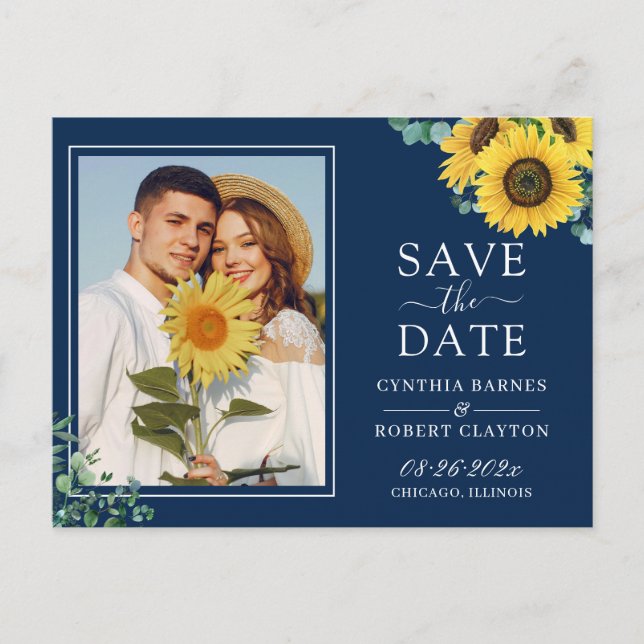 Navy Blue Yellow Sunflower Foto Save the Date Postkarte (Vorderseite)