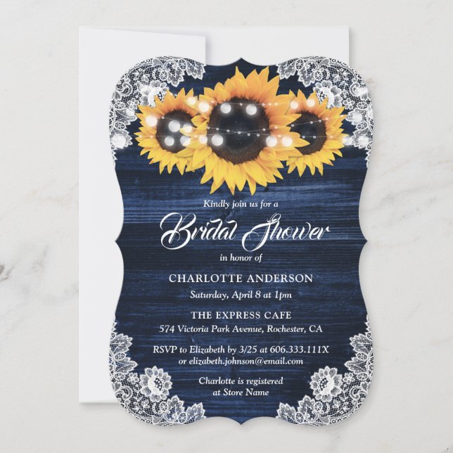 Navy Blue Yellow Sunflower Wood Lace Brautparty Einladung (Vorderseite)