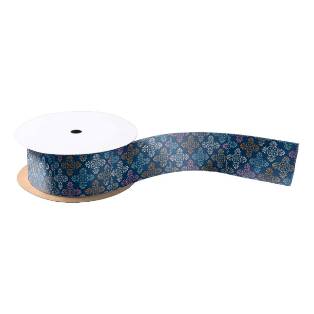Navy Blue Yellow White Floral Patterns Ribbon Satinband (Spule)
