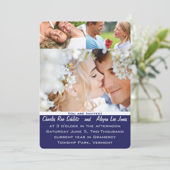 Navy Blue Your Foto Wedding Einladung (Stehend Vorderseite)