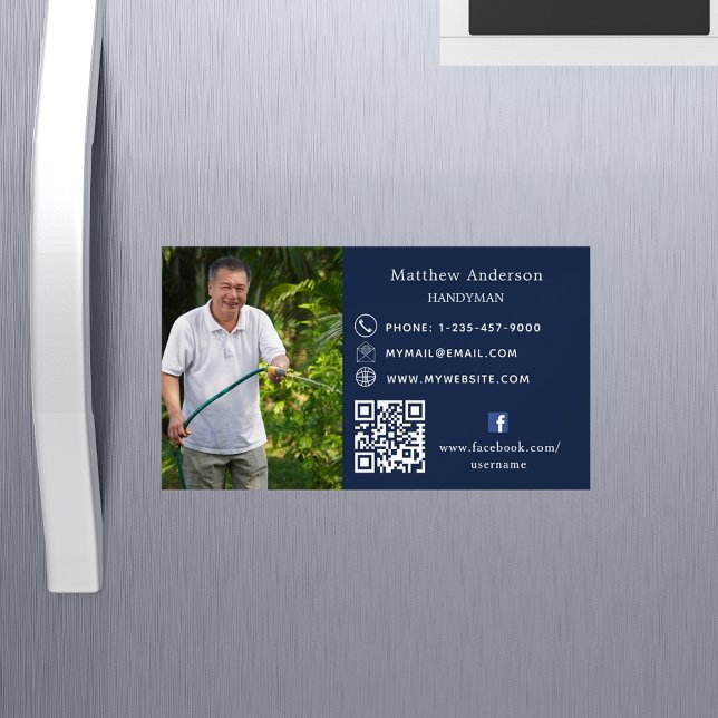 Navy Blue Zuhause repariert Foto QR Code Handyman Magnetische Visitenkarte (Von Creator hochgeladen)