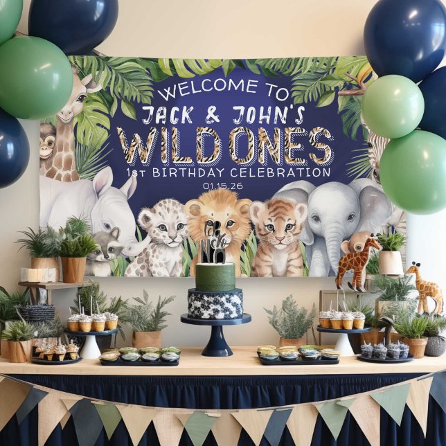 Navy Blue Zwillinge Dschungeltiere 1. Geburtstag B Banner (Twins wild one, navy blue jungle safari 1st birthday welcome backdrop, Baby boy first birthday.)
