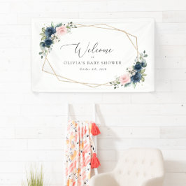 Navy Blume, rosa Blume, Baby Dusche Willkommen Banner