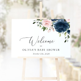 Navy Blume, rosa Blume, Baby Dusche Willkommen Poster