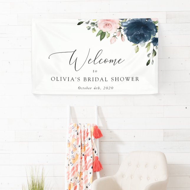 Navy Blume, rosa Blume, Brautparty Willkommen Banner (Insitu)