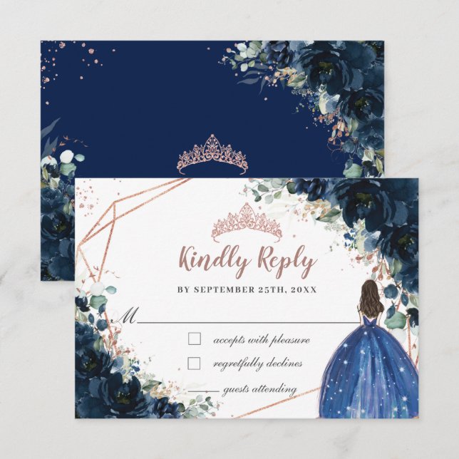 Navy Blume Rose Gold Prinzessin Quinceañera RSVP Karte (Vorne/Hinten)