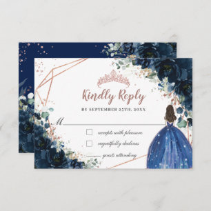 Navy Blume Rose Gold Prinzessin Quinceañera RSVP Karte