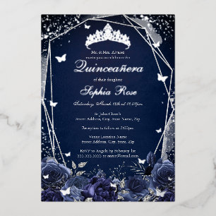 Navy Blume Tiara Silver Quinceanera Folieneinladung
