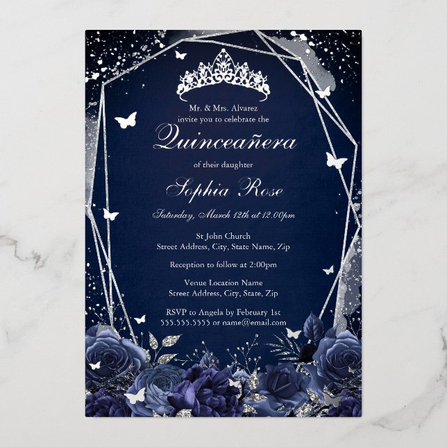 Navy Blume Tiara Silver Quinceanera Folieneinladung (Vorderseite)