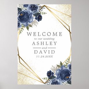 Navy-Blumen-Aquarell-Blumen-Hochzeit-Willkommen Poster