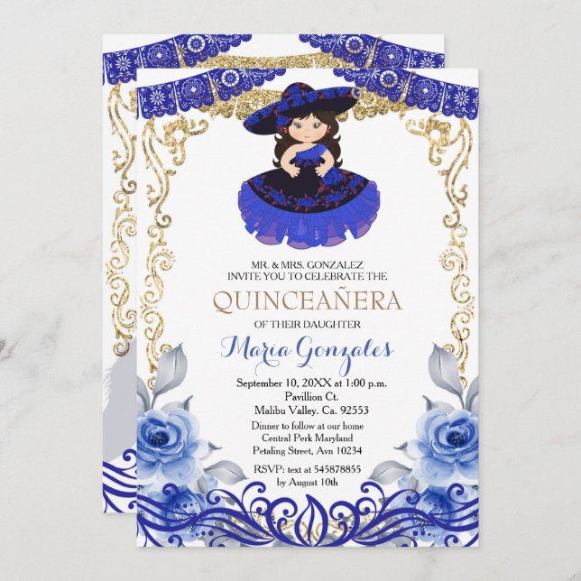 Navy Blumen Gold Quinceanera Einladung (Vorne/Hinten)