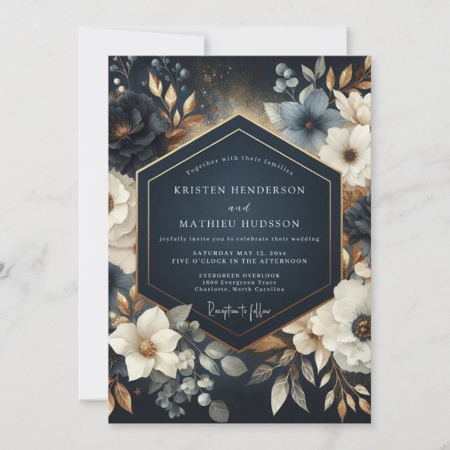 Navy-Blumen Prachtvolle Hochzeit Einladung (Vorderseite)