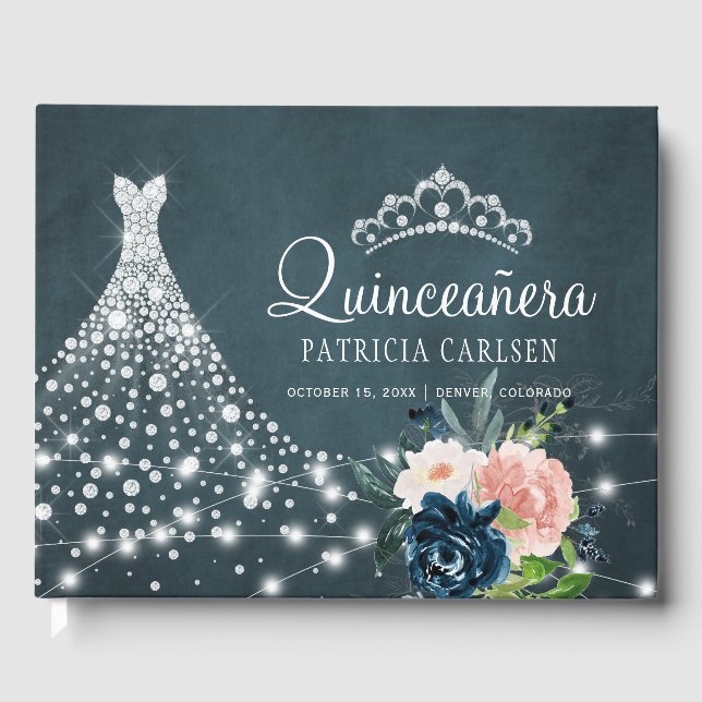 Navy Blumendiamatin Prinzessin Tiara quinceanera Gästebuch (Vorderseite)