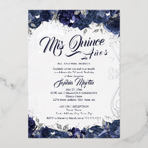 Navy Blumengarten Silver Mis Quince Quinceanera Folieneinladung