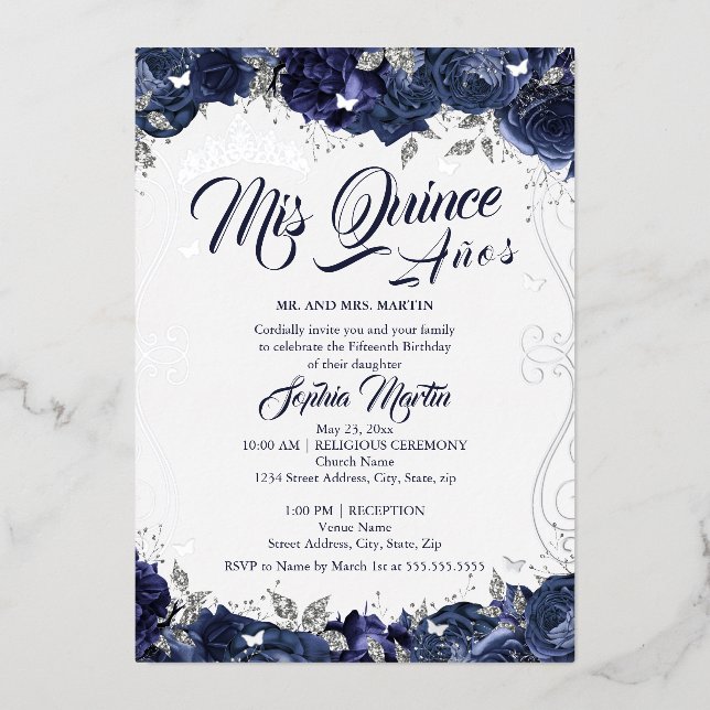 Navy Blumengarten Silver Mis Quince Quinceanera Folieneinladung (Vorderseite)
