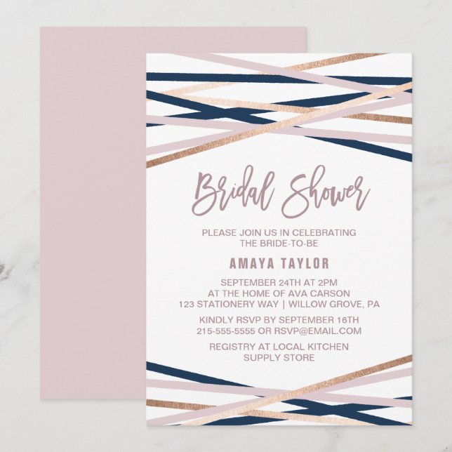 Navy Blush and Rose Gold Streamers Brautparty Einladung (Vorne/Hinten)